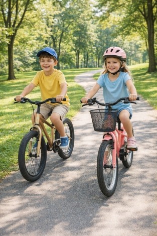 Jongen en meisje fietsend door een park voor Homepage